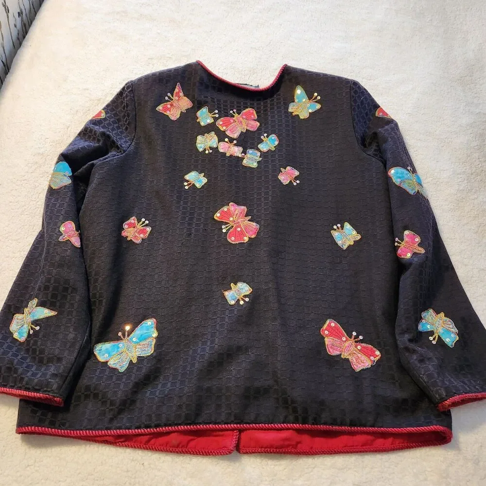 Indigo Moon Appliqué Embroidered Sequin Colorful Butterfly Black Jacket Womens M